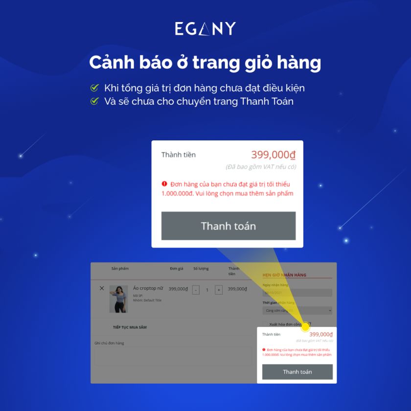 Cảnh báo giá trị đơn tối thiểu ở trang giỏ hàng