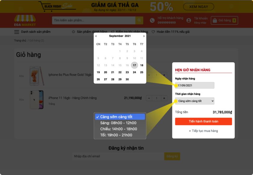 Tính năng chọn ngày giờ giao hàng