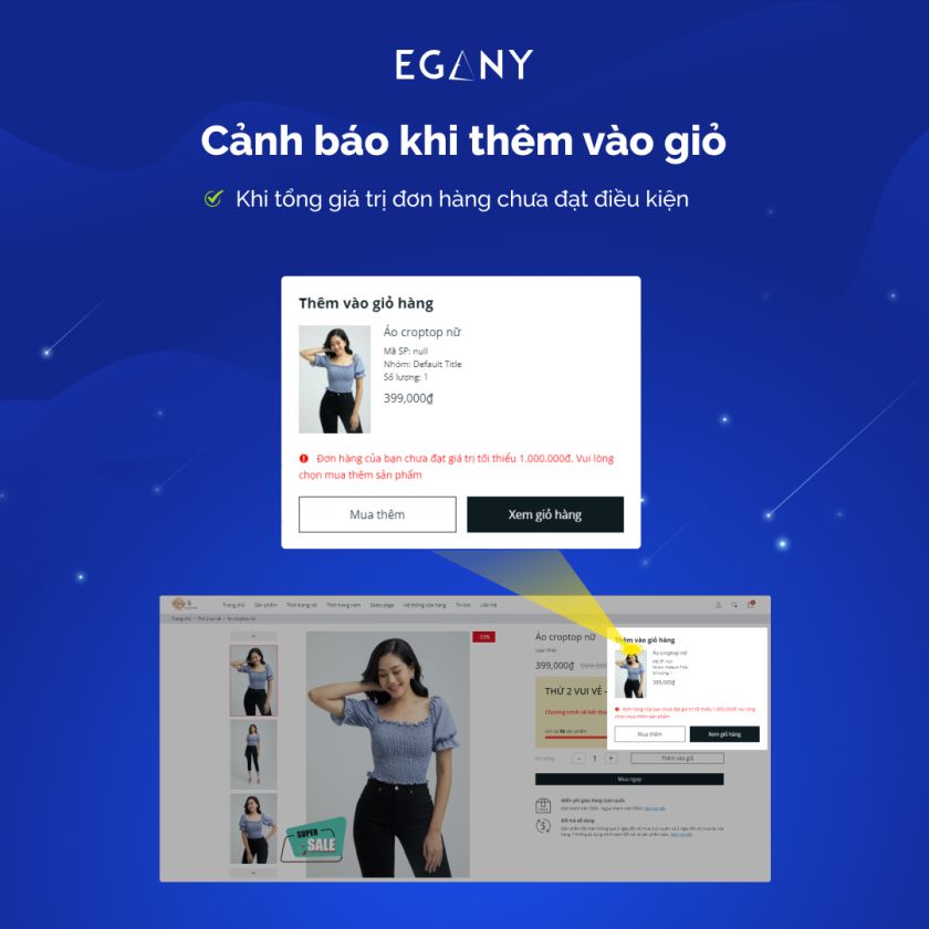 Thông báo khi thêm vào giỏ chưa đủ điều kiện